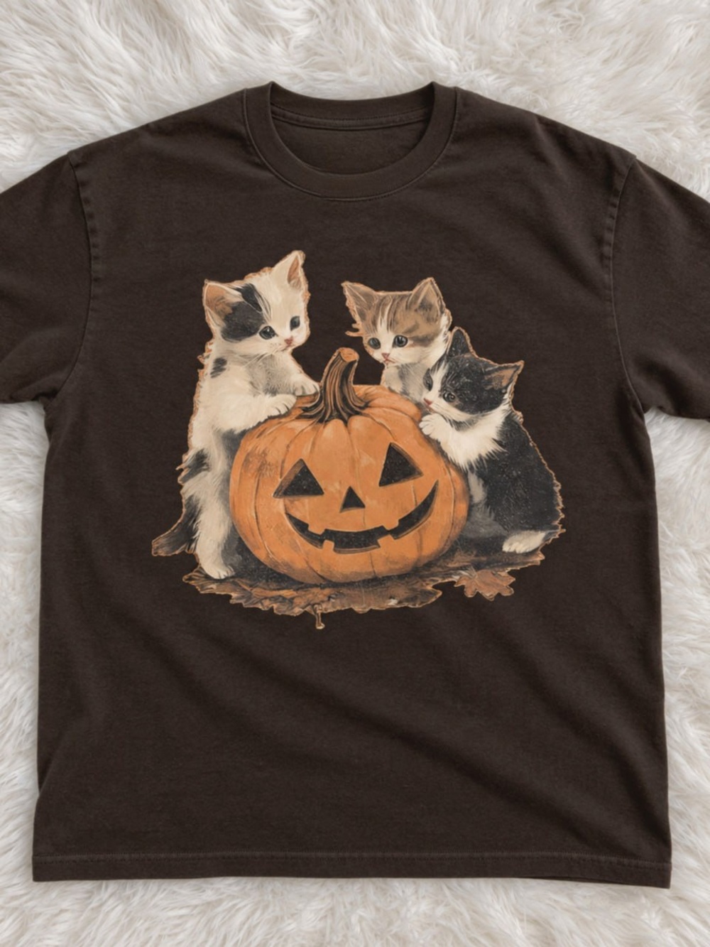 Kittens and Pumpkin Gildan Brown Tee with Graphic